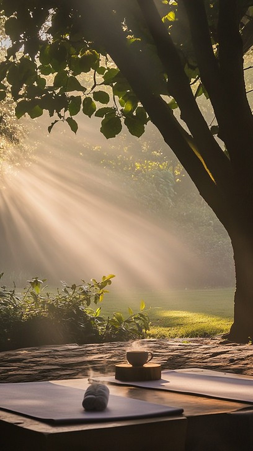 Morning sunlight streaming through trees onto a quiet table with a cup of tea